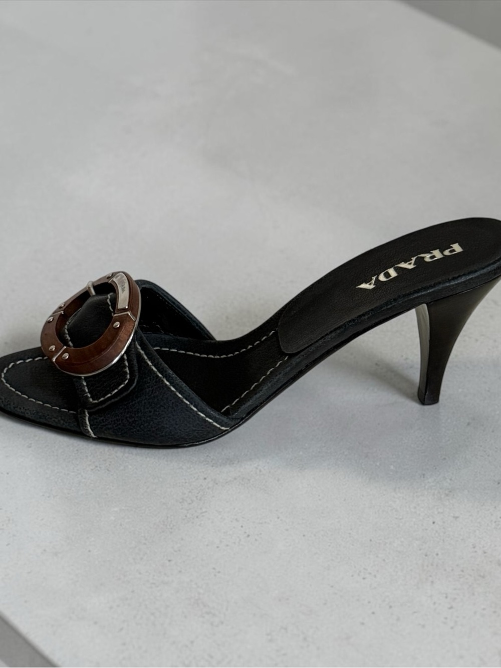 Authentic Vintage Prada Navy Blue Leather Mule Slides Wood Buckle! 36(EU) 6(US) - Picture 7 of 16
